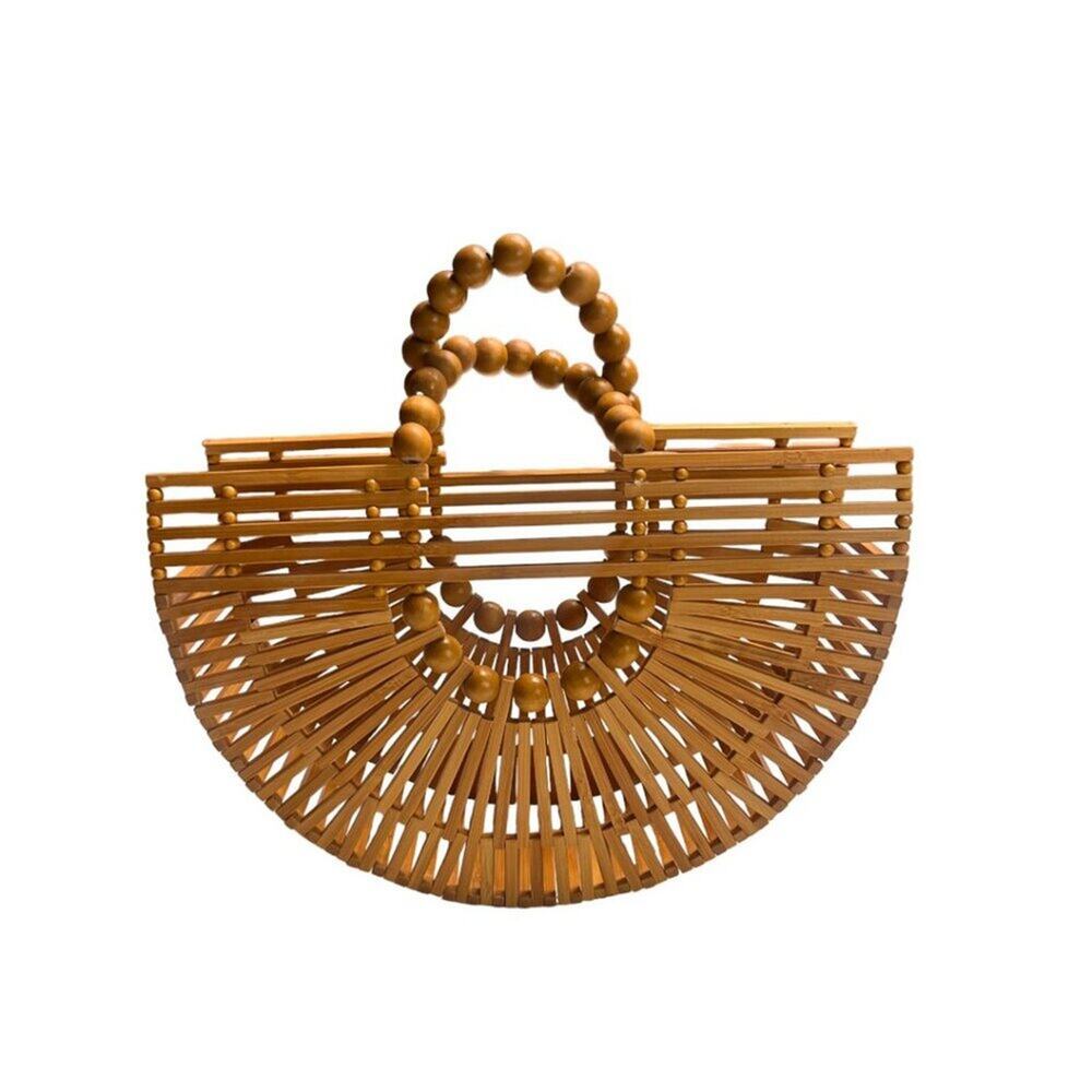 Wooden Bead Half-Moon Tote Bag - Natural Brown